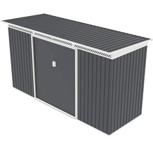 Antracitový kovový zahradní domek s bílými prvky, pultovou střechou, posuvnými dveřmi a větracími otvory.