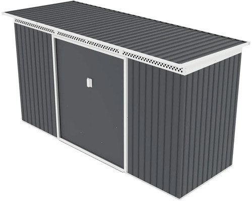 Antracitový kovový zahradní domek s bílými prvky, pultovou střechou, posuvnými dveřmi a větracími otvory.