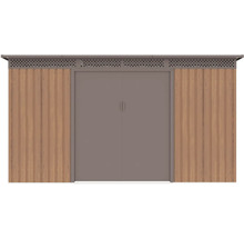 Kovový zahradní domek v dekoru dřeva a šedé barvě, s pultovou střechou, dvoukřídlými dveřmi a větrací mřížkou.