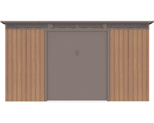 Kovový zahradní domek v dekoru dřeva a šedé barvě, s pultovou střechou, dvoukřídlými dveřmi a větrací mřížkou.