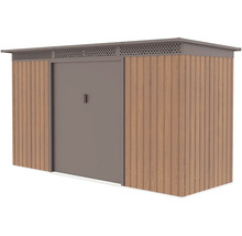 Kovový zahradní domek s dřevěným dekorem, posuvnými dveřmi a plochou střechou.