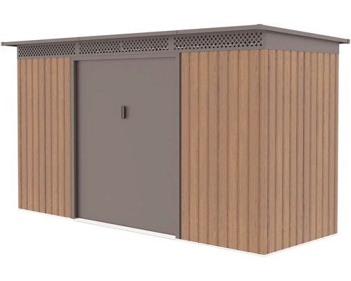 Kovový zahradní domek s dřevěným dekorem, posuvnými dveřmi a plochou střechou.