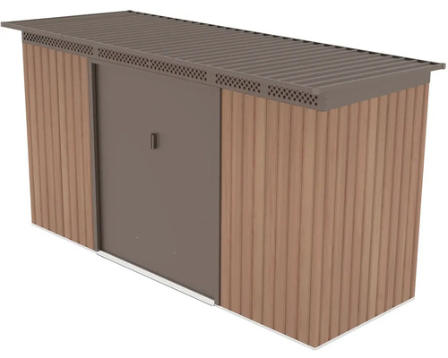 Kovová zahradní skříň na nářadí s panely v dekoru dřeva, plochou střechou a ventilačními otvory.