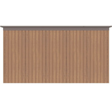 Venkovní stěna zahradního domku s vertikálním profilováním a dekorem dřeva.