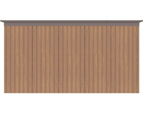 Venkovní stěna zahradního domku s vertikálním profilováním a dekorem dřeva.