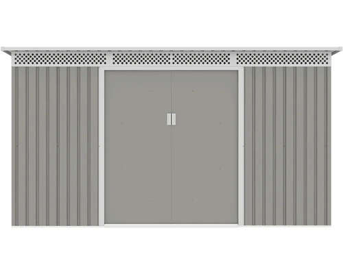 Šedý kovový zahradní domek s dvoukřídlými dveřmi, svisle profilovanými stěnami a větracími otvory v horní části.