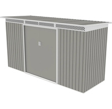 Šedý kovový zahradní domek na nářadí s pultovou střechou, posuvnými dveřmi a větracími otvory.