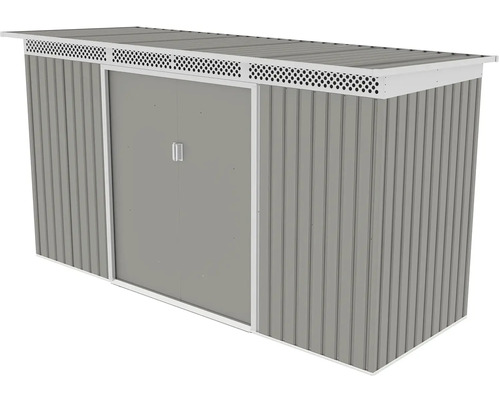 Šedý kovový zahradní domek na nářadí s pultovou střechou, posuvnými dveřmi a větracími otvory.