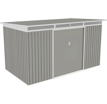 Kovový zahradní domek s posuvnými dveřmi a ventilační lištou, šedý a bílý.