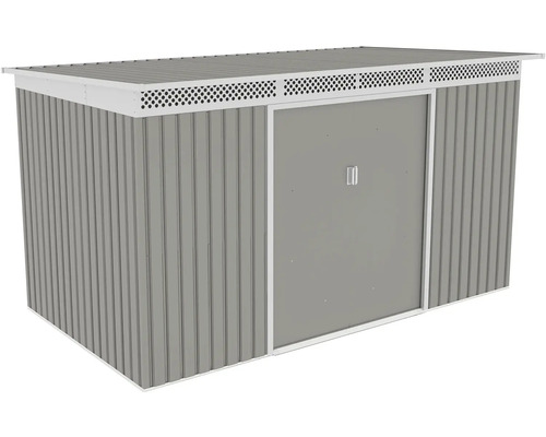 Kovový zahradní domek s posuvnými dveřmi a ventilační lištou, šedý a bílý.