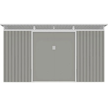 Šedý kovový zahradní domek s dvoukřídlými dveřmi a bílými větracími otvory v horní části.