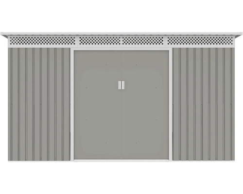 Šedý kovový zahradní domek s dvoukřídlými dveřmi a bílými větracími otvory v horní části.