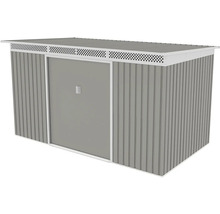 Šedý kovový zahradní domek s bílým rámem, pultovou střechou, posuvnými dveřmi a větracími otvory.