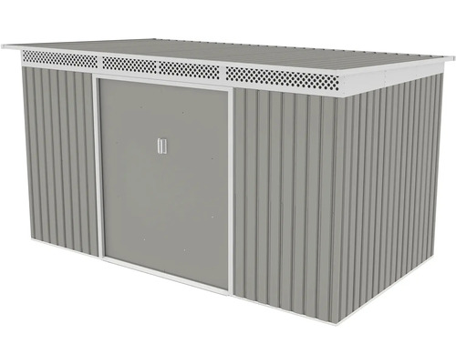 Šedý kovový zahradní domek s bílým rámem, pultovou střechou, posuvnými dveřmi a větracími otvory.