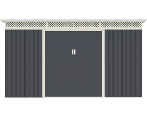 Kovový zahradní domek s dvoukřídlými posuvnými dveřmi, ventilační mřížkou a pultovou střechou v antracitové barvě.