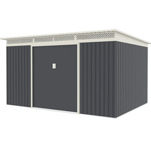 Kovový zahradní domek s pultovou střechou a posuvnými dveřmi, antracitový a bílý, s kulatými větracími otvory.