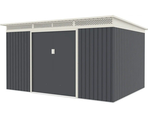 Kovový zahradní domek s pultovou střechou a posuvnými dveřmi, antracitový a bílý, s kulatými větracími otvory.