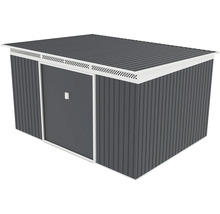 Antracitový kovový zahradní domek s pultovou střechou, bílým rámem, posuvnými dveřmi a větrací lištou.