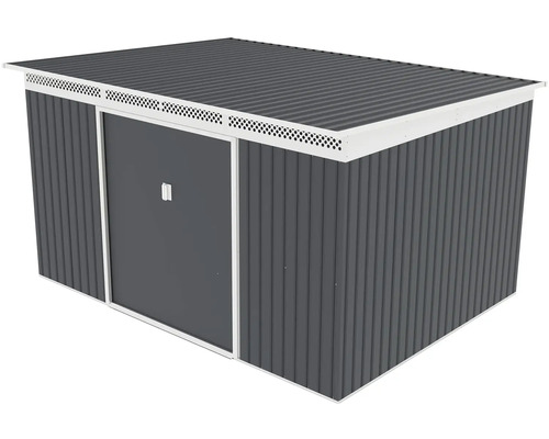 Antracitový kovový zahradní domek s pultovou střechou, bílým rámem, posuvnými dveřmi a větrací lištou.