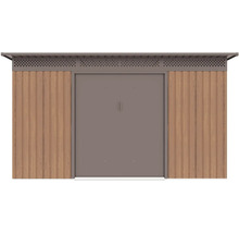 Kovový zahradní domek ve vzhledu dřeva s dvoukřídlými dveřmi a větracím pásem