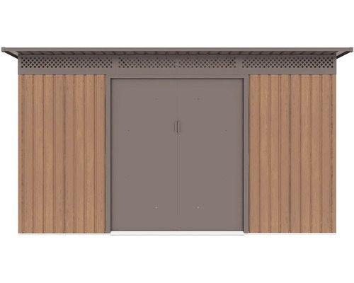 Kovový zahradní domek ve vzhledu dřeva s dvoukřídlými dveřmi a větracím pásem