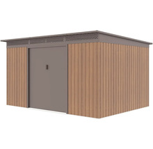 Kovový zahradní domek s dřevěným dekorem, plochou střechou a širokými dveřmi.