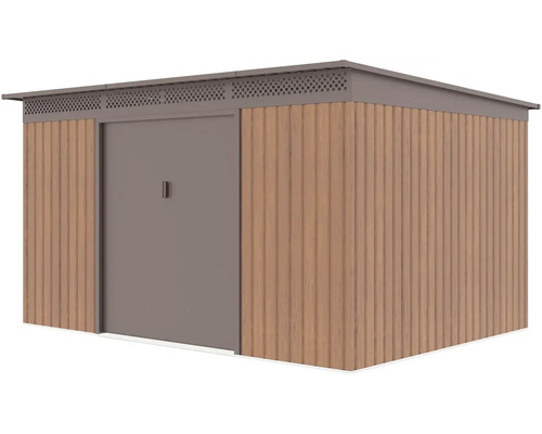 Kovový zahradní domek s dřevěným dekorem, plochou střechou a širokými dveřmi.