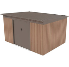 Kovový zahradní domek ve vzhledu dřeva s plochou střechou a posuvnými dveřmi.