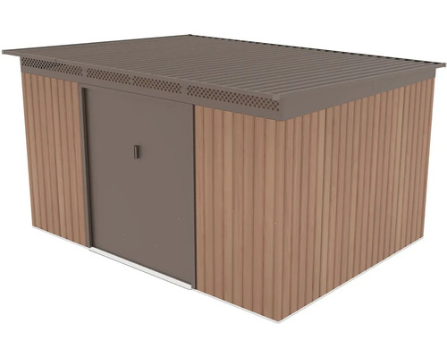 Kovový zahradní domek ve vzhledu dřeva s plochou střechou a posuvnými dveřmi.