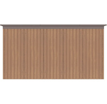 Stěnový panel pro zahradní domek s dřevěným vzhledem, vertikálními kovovými profily a horní lištou.