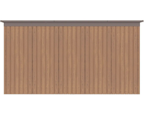 Stěnový panel pro zahradní domek s dřevěným vzhledem, vertikálními kovovými profily a horní lištou.