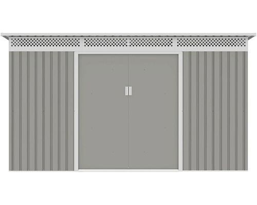 Šedý kovový zahradní domek s bílými dvoukřídlými dveřmi, vertikálním vlnitým profilem a větrací mřížkou v horní části.