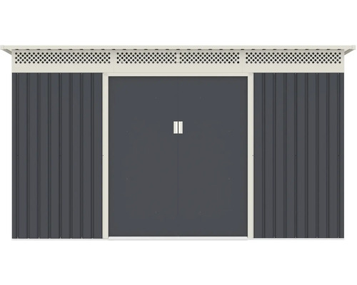 Kovový zahradní domek v antracitové barvě s dvojitými posuvnými dveřmi a větrací mřížkou.