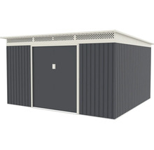 Kovový zahradní domek s plochou střechou, posuvnými dveřmi a integrovanými větracími otvory.