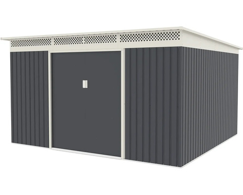 Kovový zahradní domek s plochou střechou, posuvnými dveřmi a integrovanými větracími otvory.