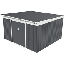 Kovový zahradní domek v antracitové barvě s pultovou střechou, bílým lemováním a větracími otvory.