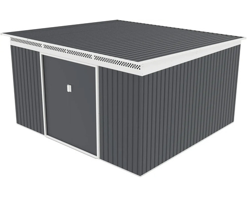 Kovový zahradní domek v antracitové barvě s pultovou střechou, bílým lemováním a větracími otvory.