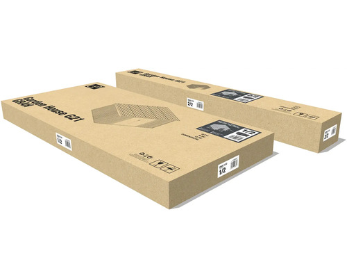 Dvě hnědé kartonové krabice pro zahradní domek G21, označené jako část jedna ze dvou a část dvě ze dvou.