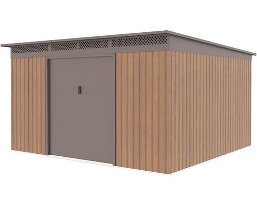 Moderní kovový zahradní domek s dřevěným vzhledem, plochou střechou a širokými posuvnými dveřmi.