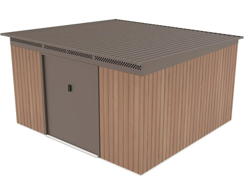 Kovový zahradní domek s pultovou střechou, panely ve vzhledu dřeva a větracími otvory.