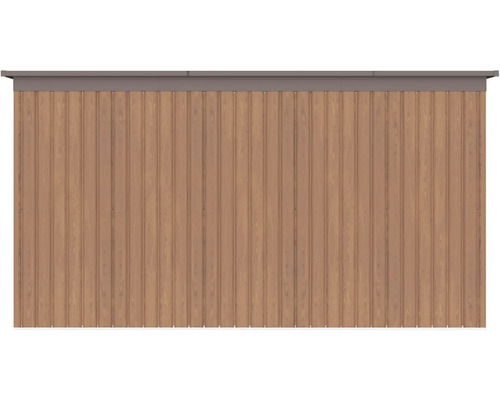 Boční stěna pro zahradní domek v dekoru dřeva s vertikálními profily.