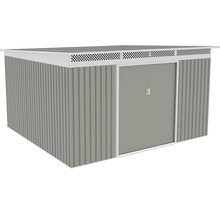 Kovový zahradní domek v šedé barvě s pultovou střechou a dvojitými posuvnými dveřmi.