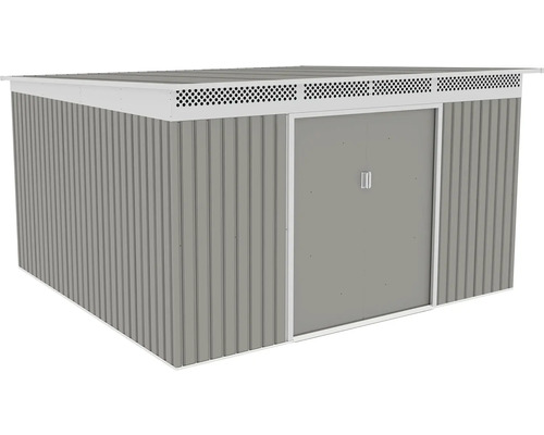 Kovový zahradní domek v šedé barvě s pultovou střechou a dvojitými posuvnými dveřmi.