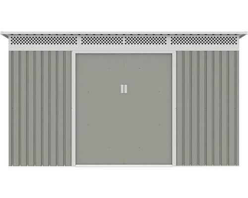 Kovový zahradní domek s dvoukřídlými dveřmi, stěnami z vlnitého plechu a větracími otvory.