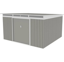 Šedý kovový zahradní domek s plochou střechou, bílými prvky, dvoukřídlými dveřmi a větracími otvory.