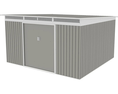 Šedý kovový zahradní domek s plochou střechou, bílými prvky, dvoukřídlými dveřmi a větracími otvory.