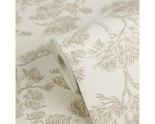 Vliesová tapeta se strukturovaným vzorem stylizovaných borovicových větví.