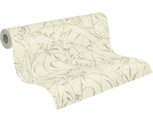 Vliesová tapeta s květinovým vzorem jemných travin a květů v přírodních tónech.