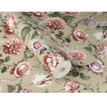 Vliesová tapeta s květinovým vzorem růží a jiřin v různých odstínech na béžovém podkladu.