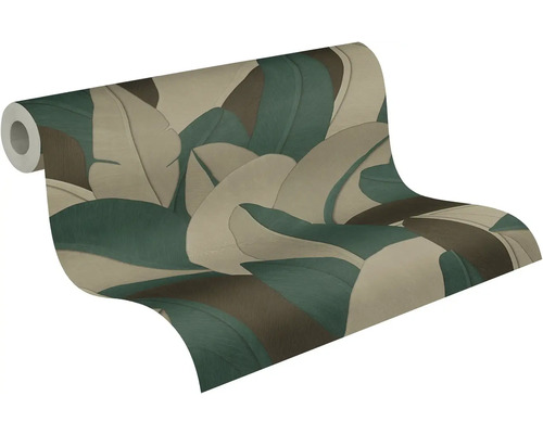 Role tapety s velkým vzorem banánových listů v zelených, béžových a hnědých odstínech, strukturovaný povrch.